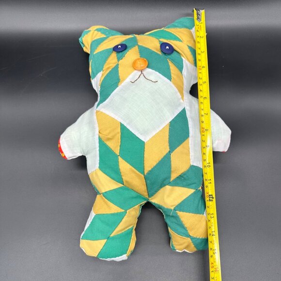 Handmade Patchwork Teddy Bear Button Eyes Noses Green Yellow Kitschy Retro - Picture 8 of 8